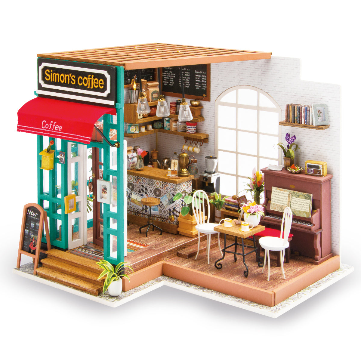 Robotime Rolife DG109 Simon’s Coffee DIY Miniature House Kit – Wooden 3D Puzzle with LED Light for Adults & Craft Hobbyists