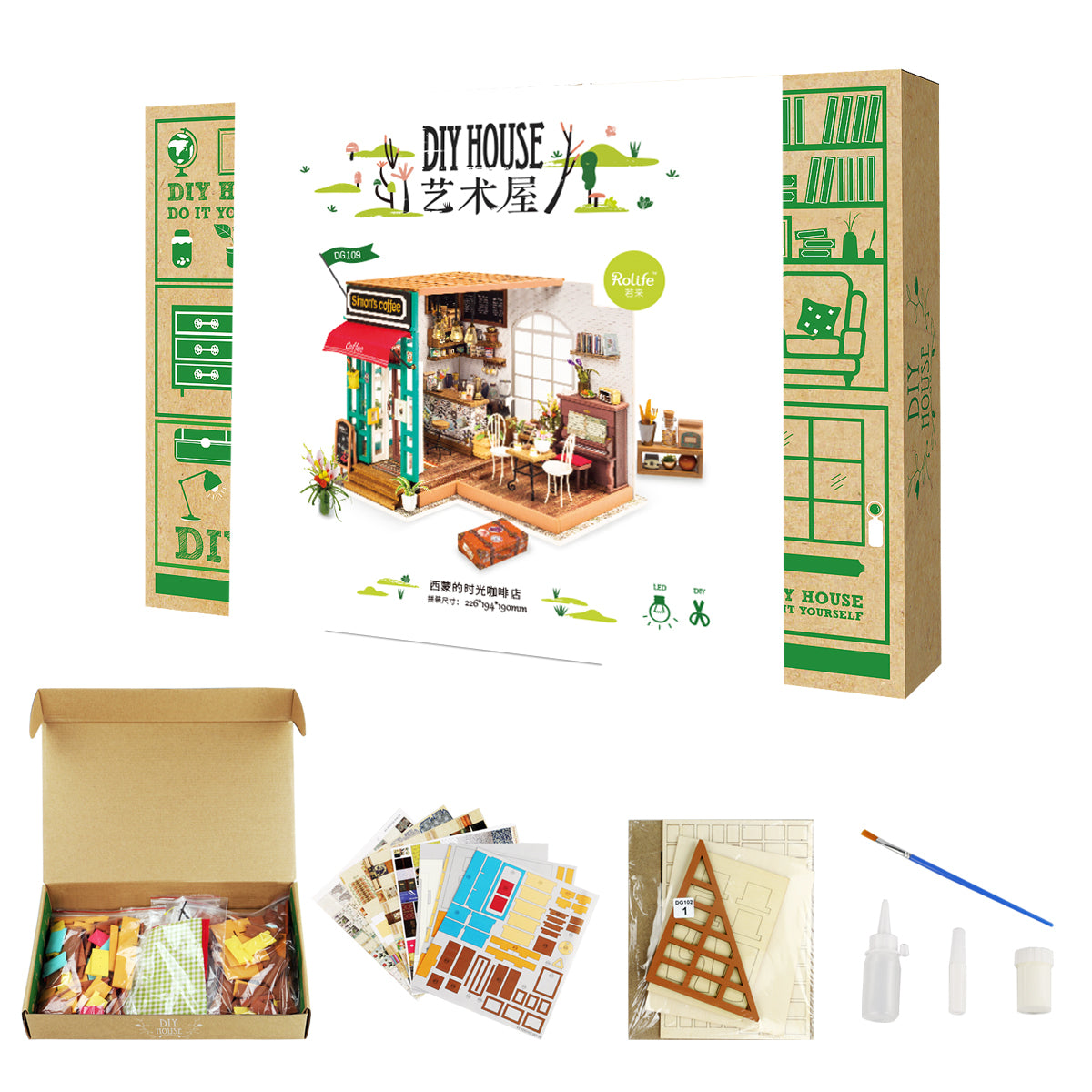 Robotime Rolife DG109 Simon’s Coffee DIY Miniature House Kit – Wooden 3D Puzzle with LED Light for Adults & Craft Hobbyists
