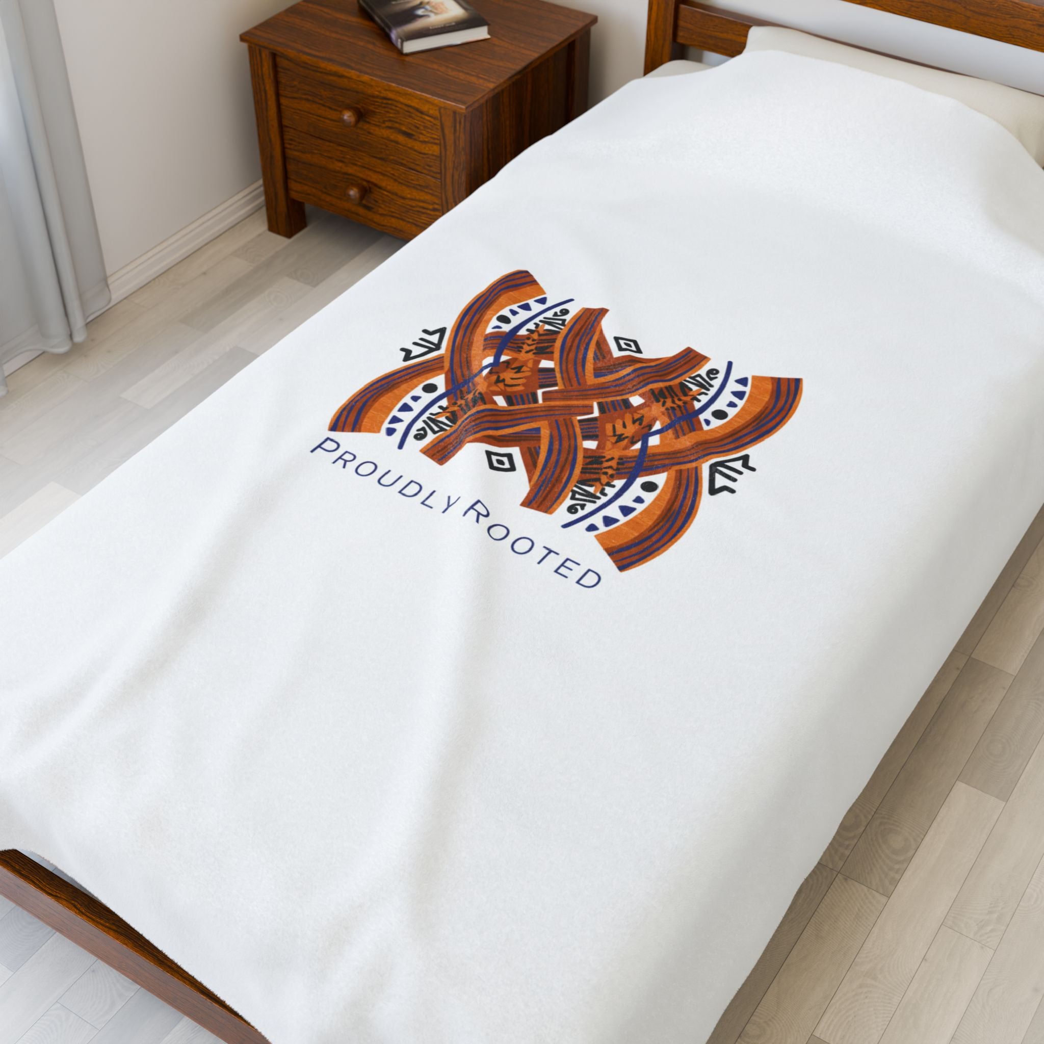 Proudly Rooted Mudcloth Motif Velveteen Plush Blanket | Afro-Bohemian Indigo Rust