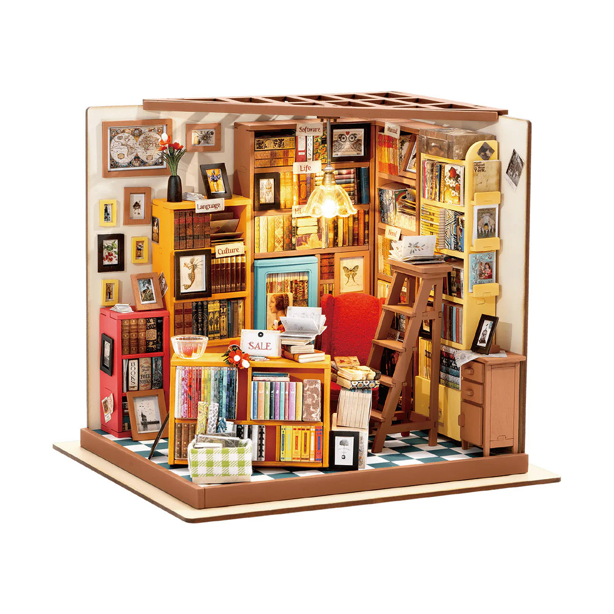 Rolife Sam’s Study DG102 DIY Wooden Miniature Library House Kit – 3D Puzzle Craft Model with LED Light for Adults and Hobbyists