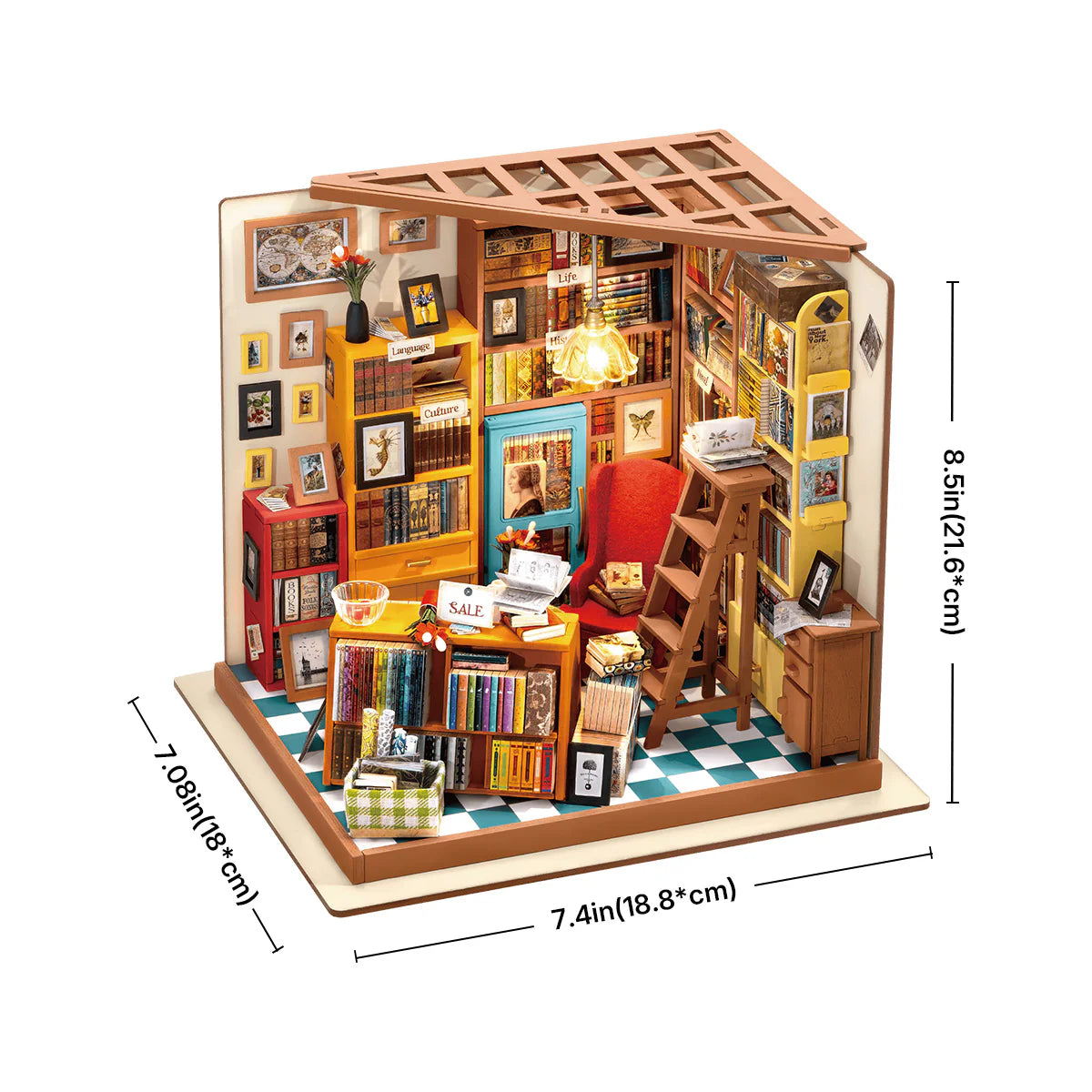 Rolife Sam’s Study DG102 DIY Wooden Miniature Library House Kit – 3D Puzzle Craft Model with LED Light for Adults and Hobbyists