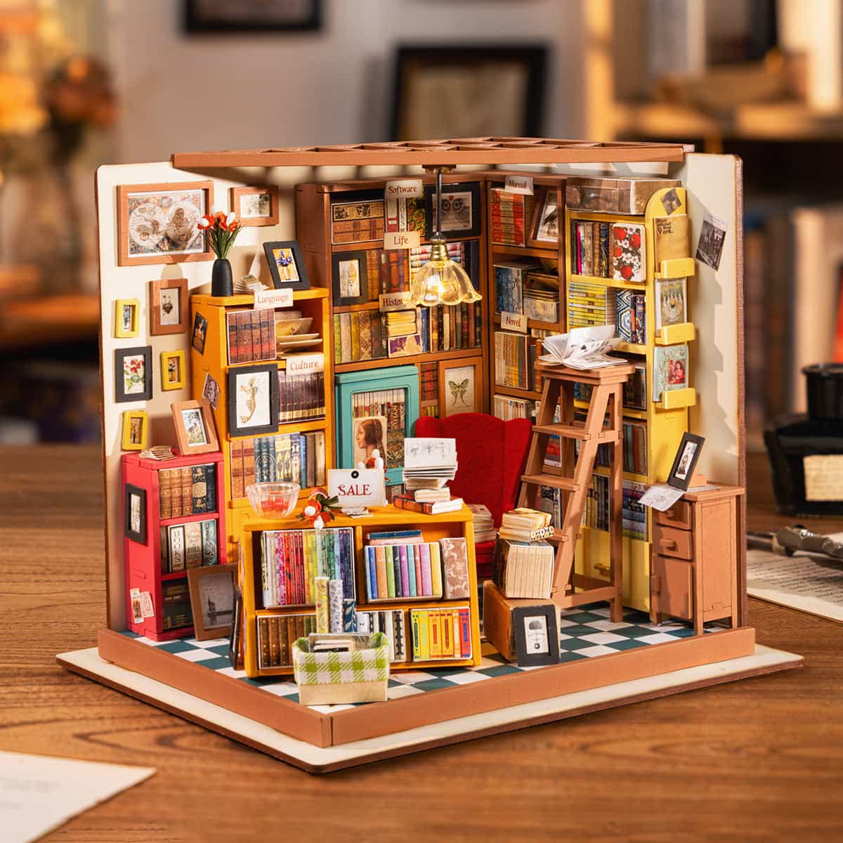 Rolife Sam’s Study DG102 DIY Wooden Miniature Library House Kit – 3D Puzzle Craft Model with LED Light for Adults and Hobbyists