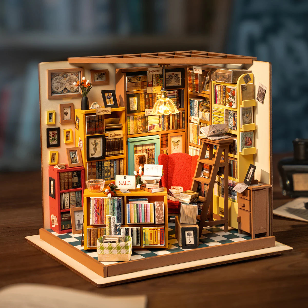 Rolife Sam’s Study DG102 DIY Wooden Miniature Library House Kit – 3D Puzzle Craft Model with LED Light for Adults and Hobbyists