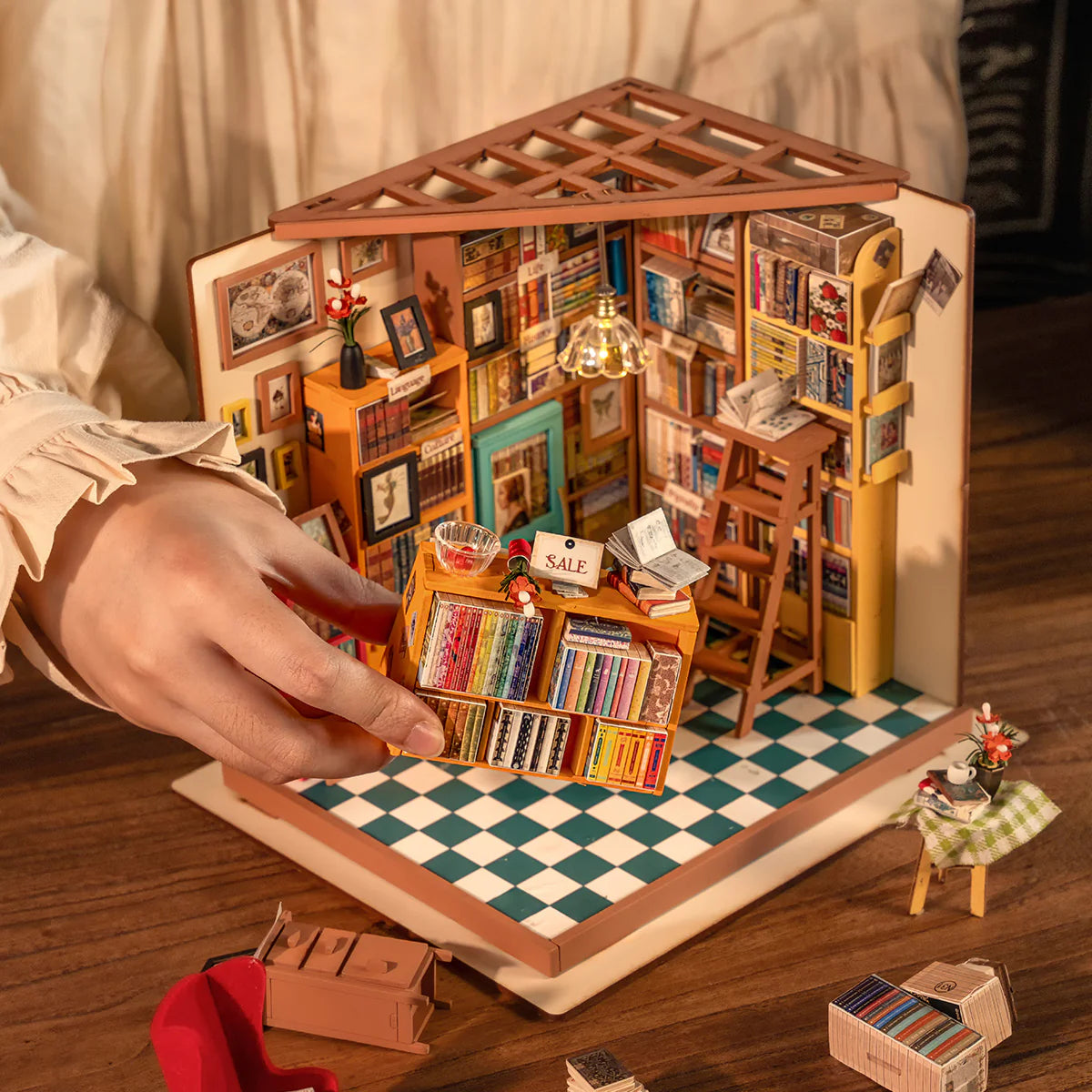 Rolife Sam’s Study DG102 DIY Wooden Miniature Library House Kit – 3D Puzzle Craft Model with LED Light for Adults and Hobbyists