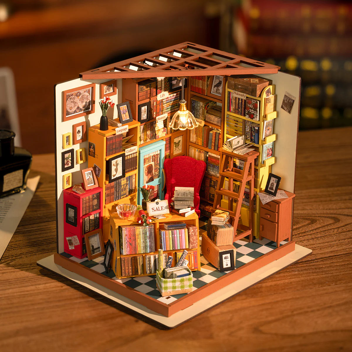 Rolife Sam’s Study DG102 DIY Wooden Miniature Library House Kit – 3D Puzzle Craft Model with LED Light for Adults and Hobbyists
